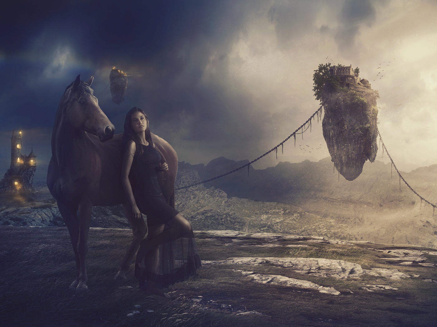 Девушка в черном платье с лошадью на фантастической планете