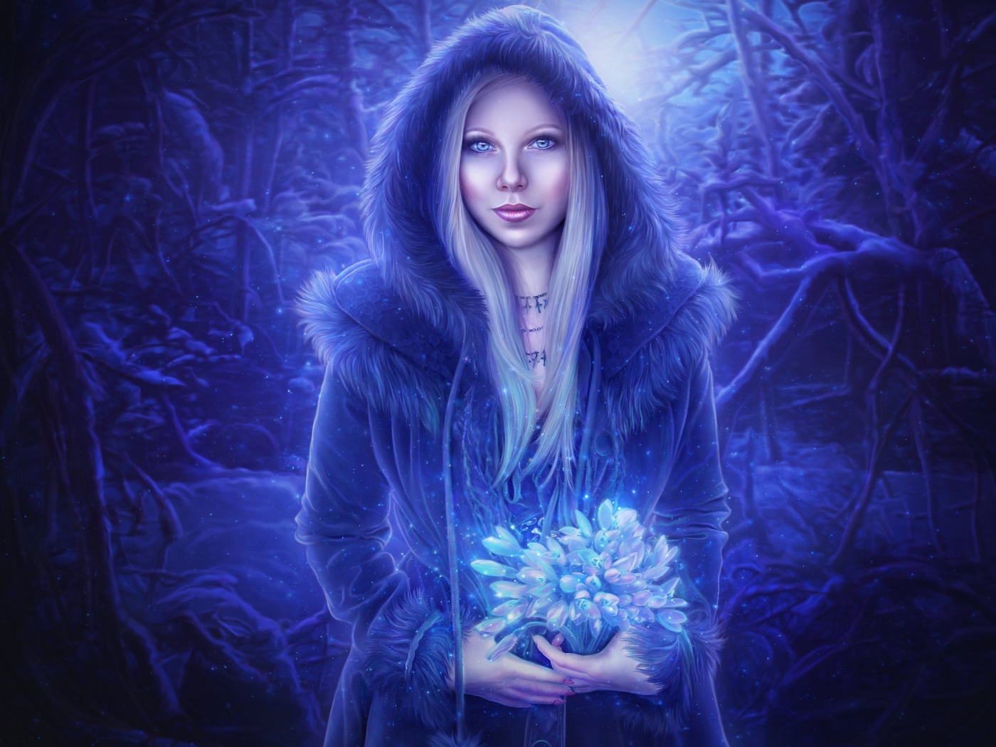Девушка с букетом цветов в неоновом свете в лесу 