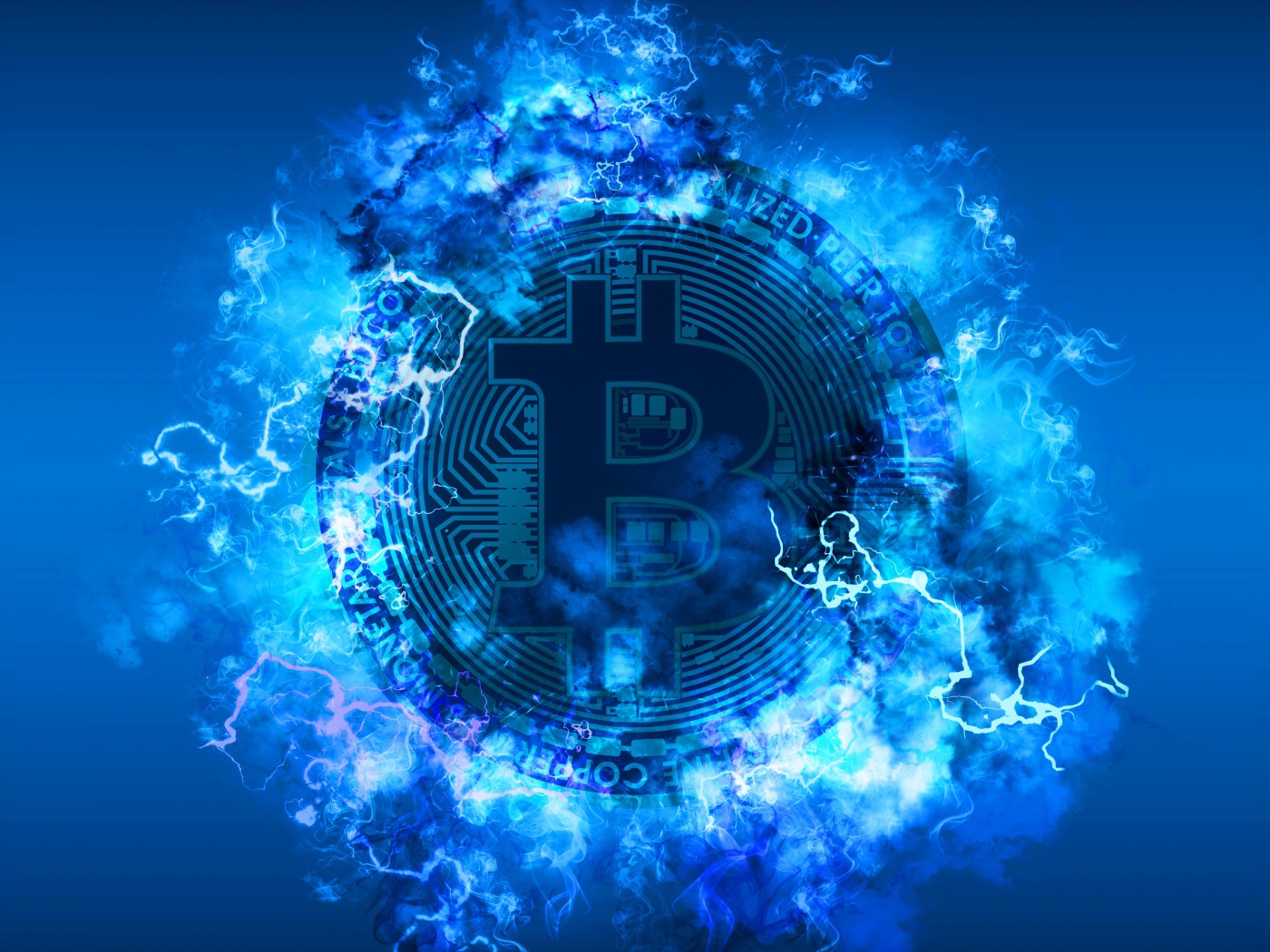 Монета биткоин в неоновом огне на голубом фоне