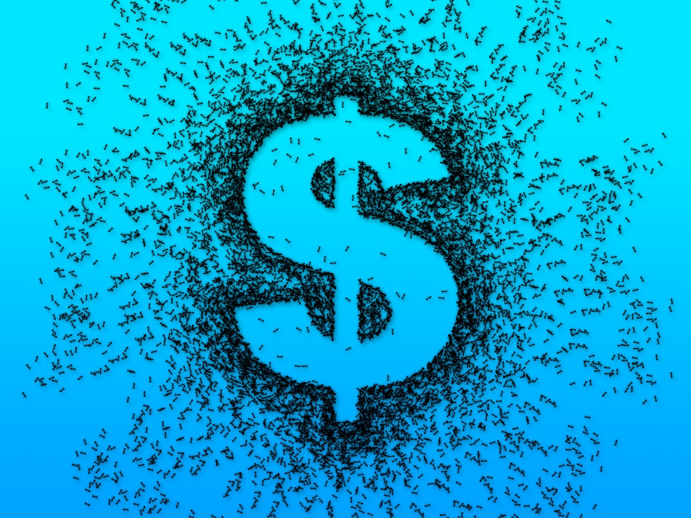 Знак доллар черными муравьями на голубом фоне