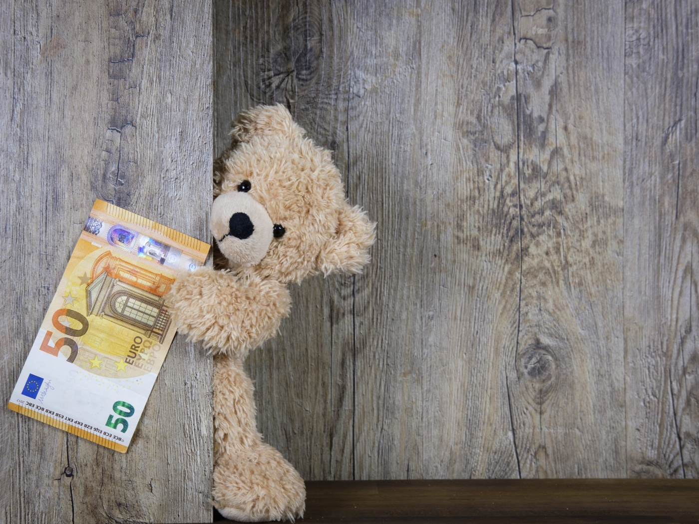 Teddy bear with a bill of fifty euros against the wall