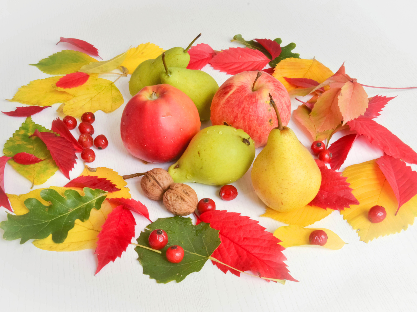 Яблоки и груши с опавшими листьями на белом фоне