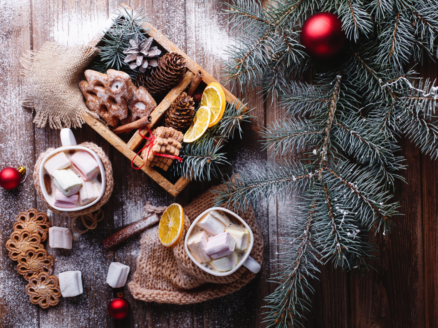 Зеленая еловая ветка на столе с печеньем и шишками