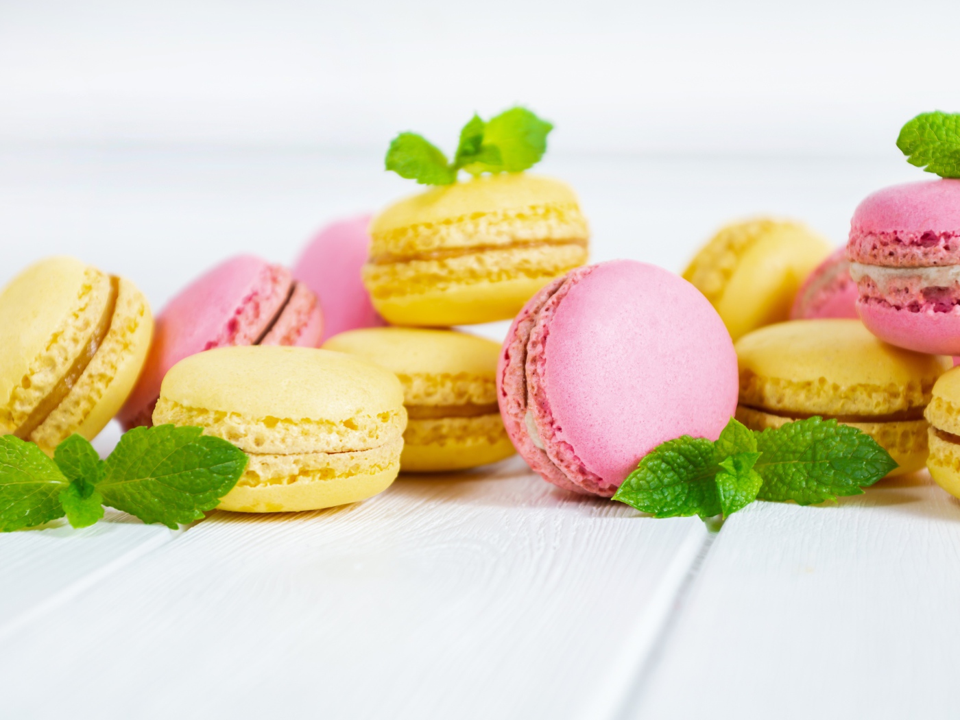 Желтый и розовый десерт макарун на белом фоне с мятой