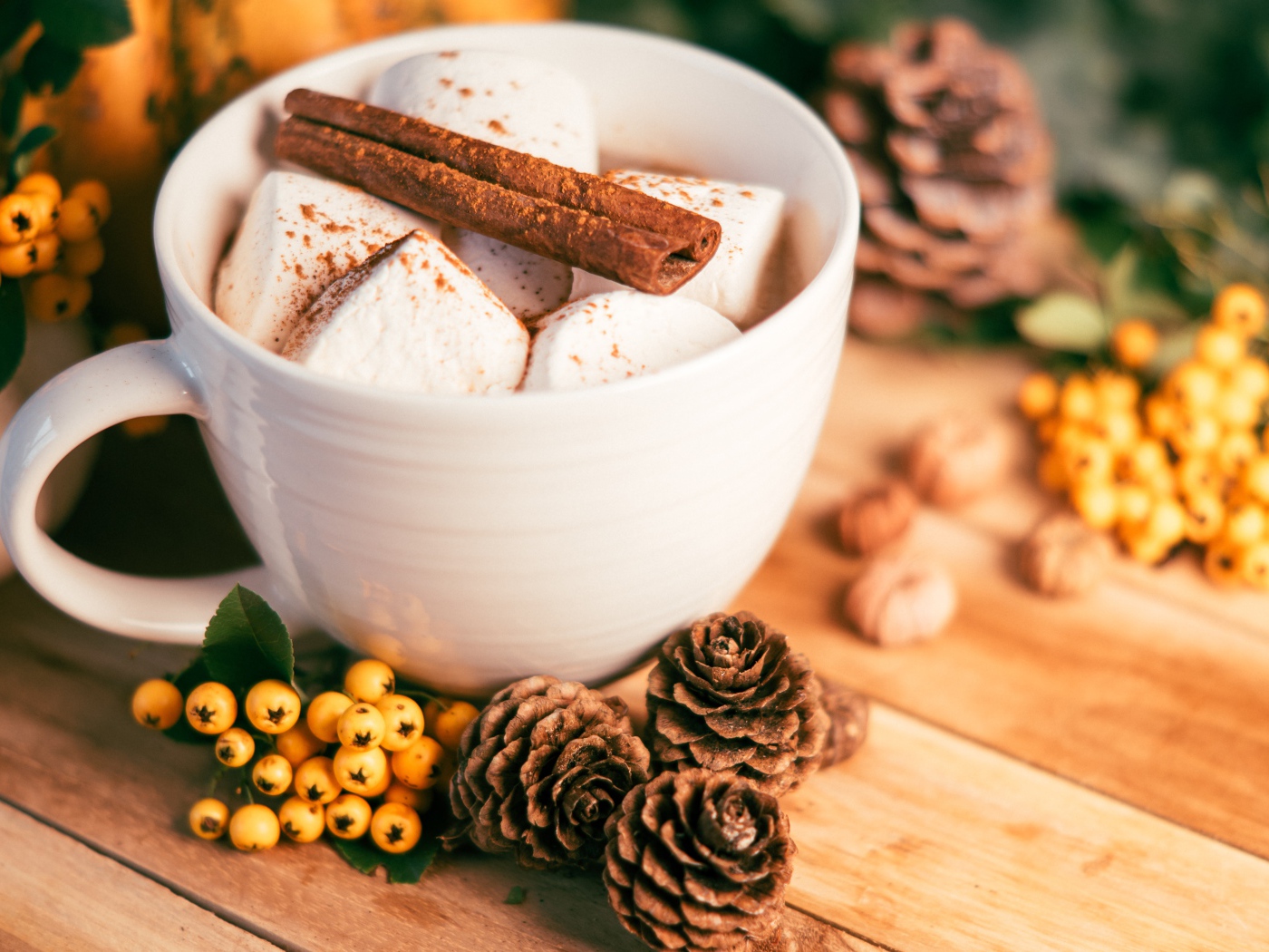 Маршмеллоу в чашке с корицей на столе с шишками и гроздьями рябины