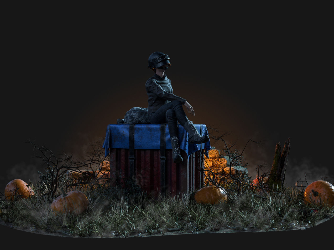 Персонаж компьютерной игры PUBG сидит на коробке 