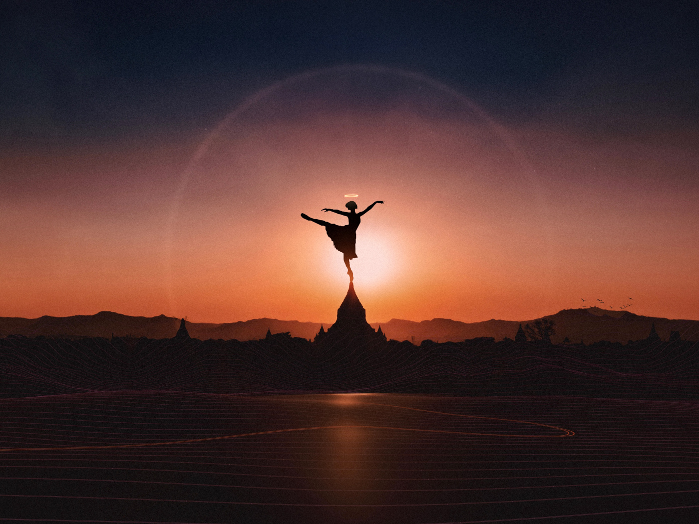 Девушка танцует балет на закате солнца