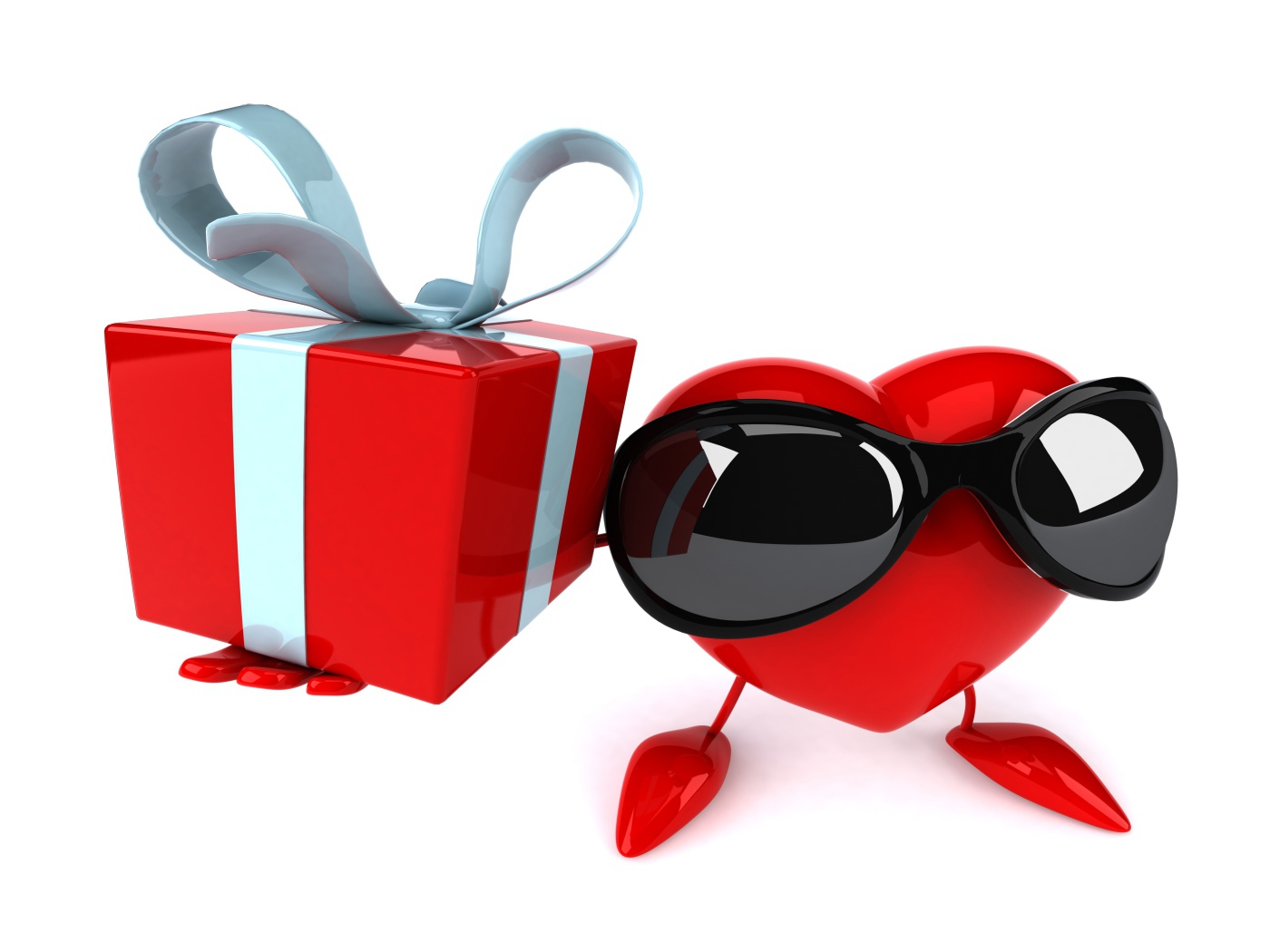 Сердце в черных очках с подарком на белом фоне на 14 февраля