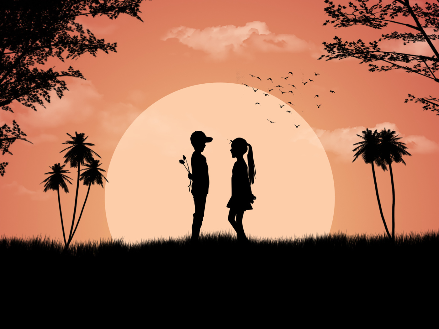 Loving couple on a background of the big moon