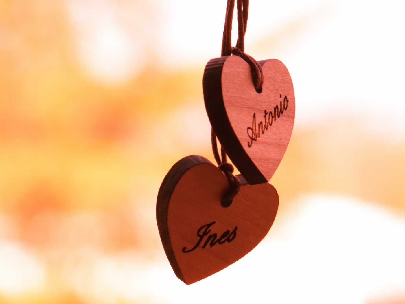 Два деревянных сердца на веревке  