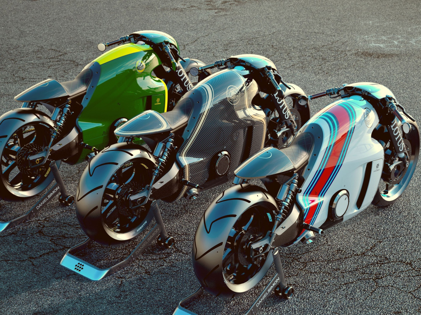 Три мотоцикла Lotus C01 на асфальте 