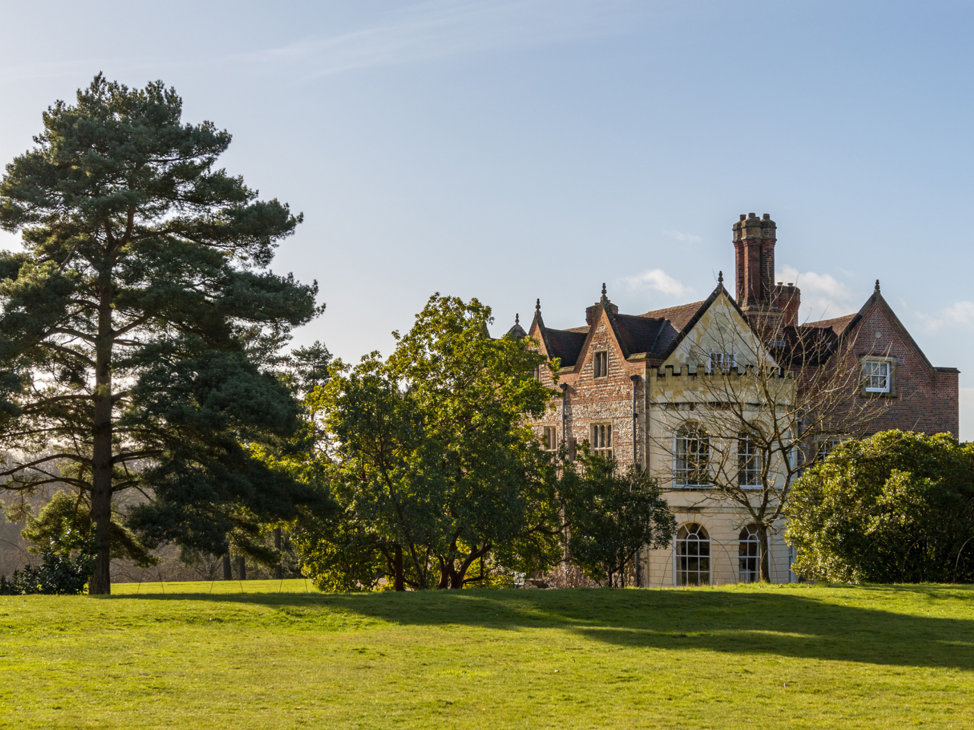 Красивый дом с деревьями и зеленым газоном