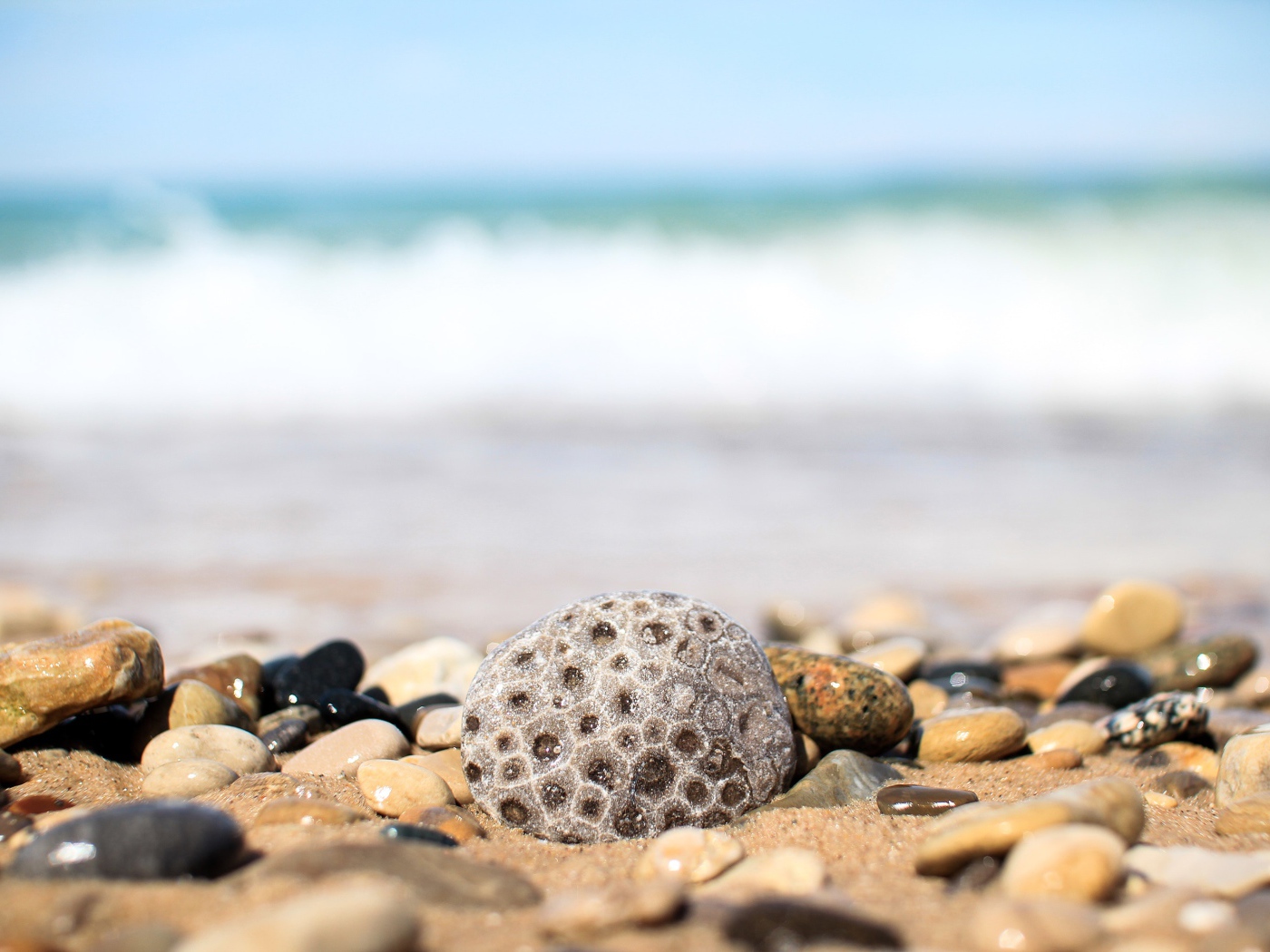 Разные камни лежат на желтом песке у моря 