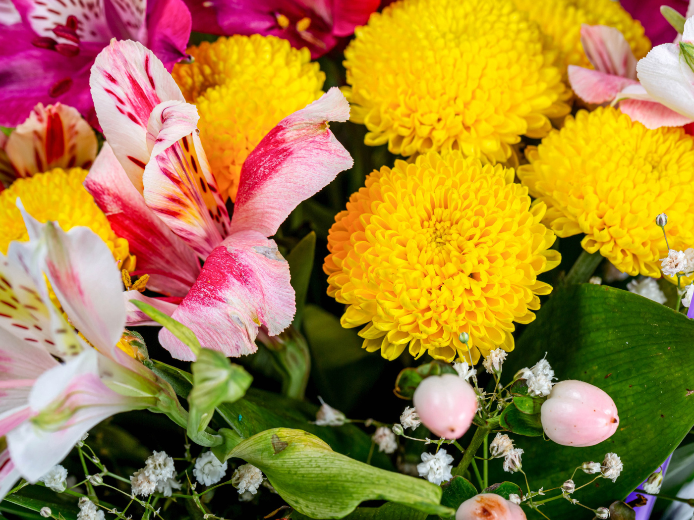 Желтые хризантемы и цветы альстромерии в букете 