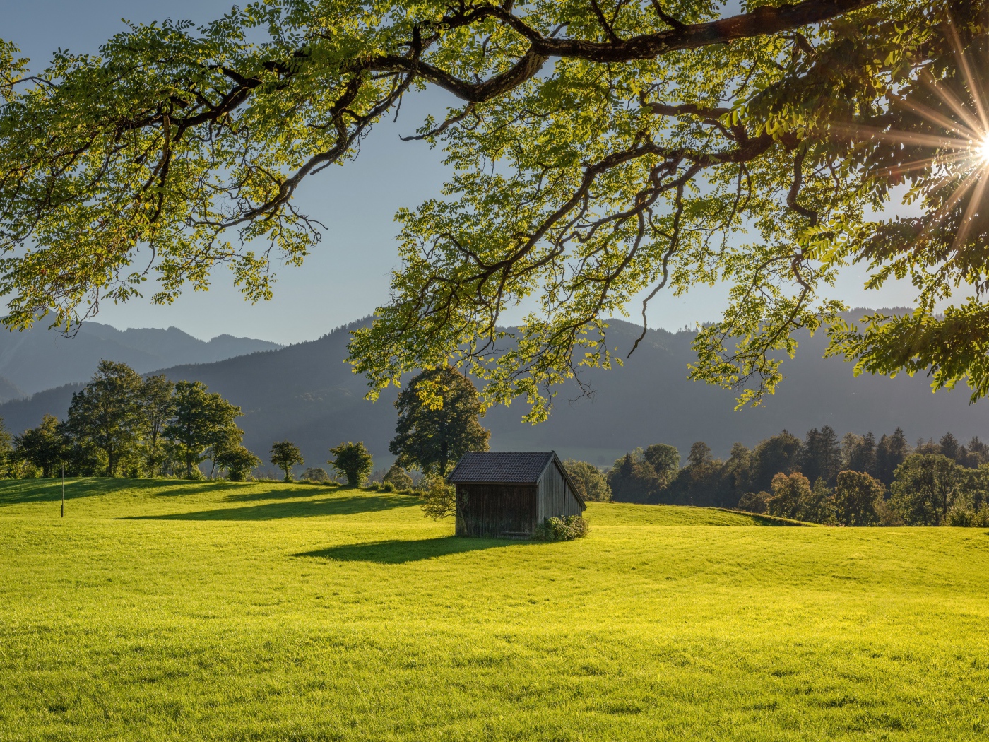 Сарай стоит на зеленой поляне в лучах солнца на фоне гор