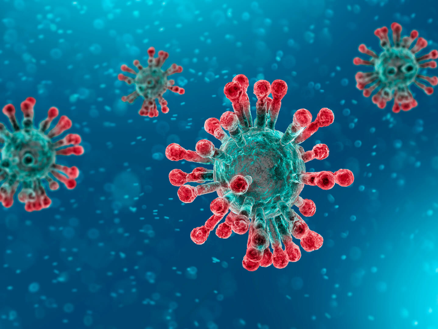 Страшные бактерии коронавируса COVID-19 на голубом фоне