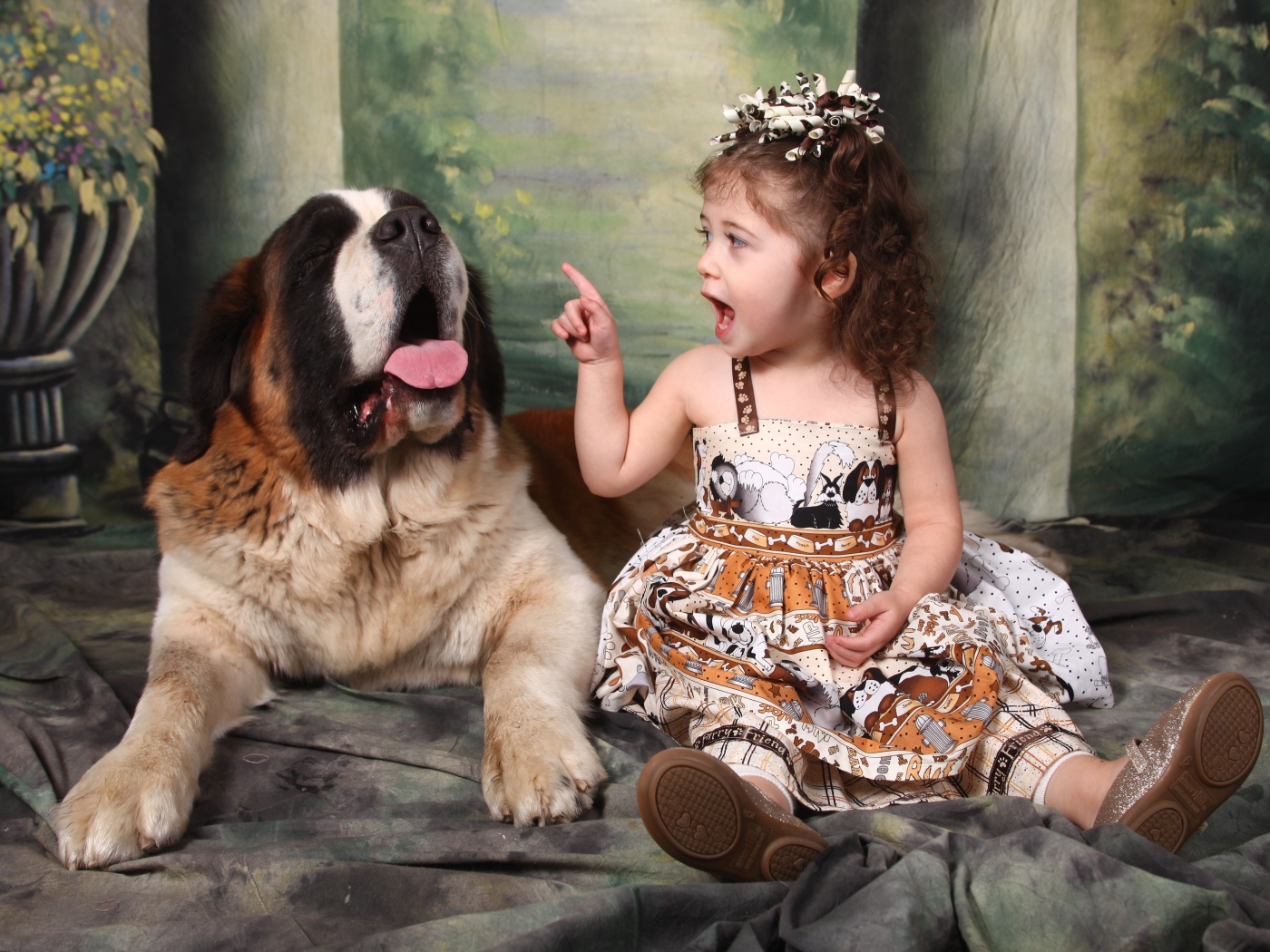 Маленькая красивая девочка с собакой породы сенбернар