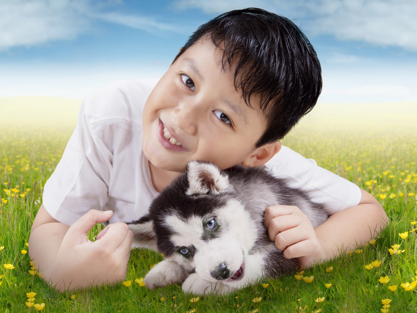 Маленький мальчик с щенком хаски на зеленой траве