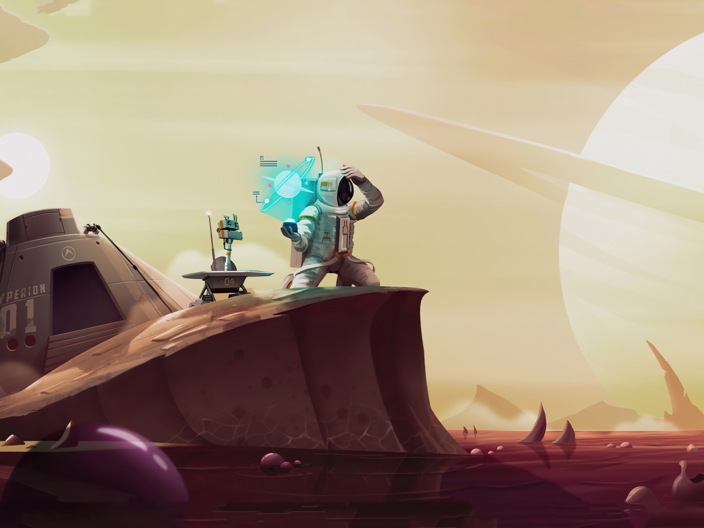 Астронавт с роботом на неизвестной планете в космосе 