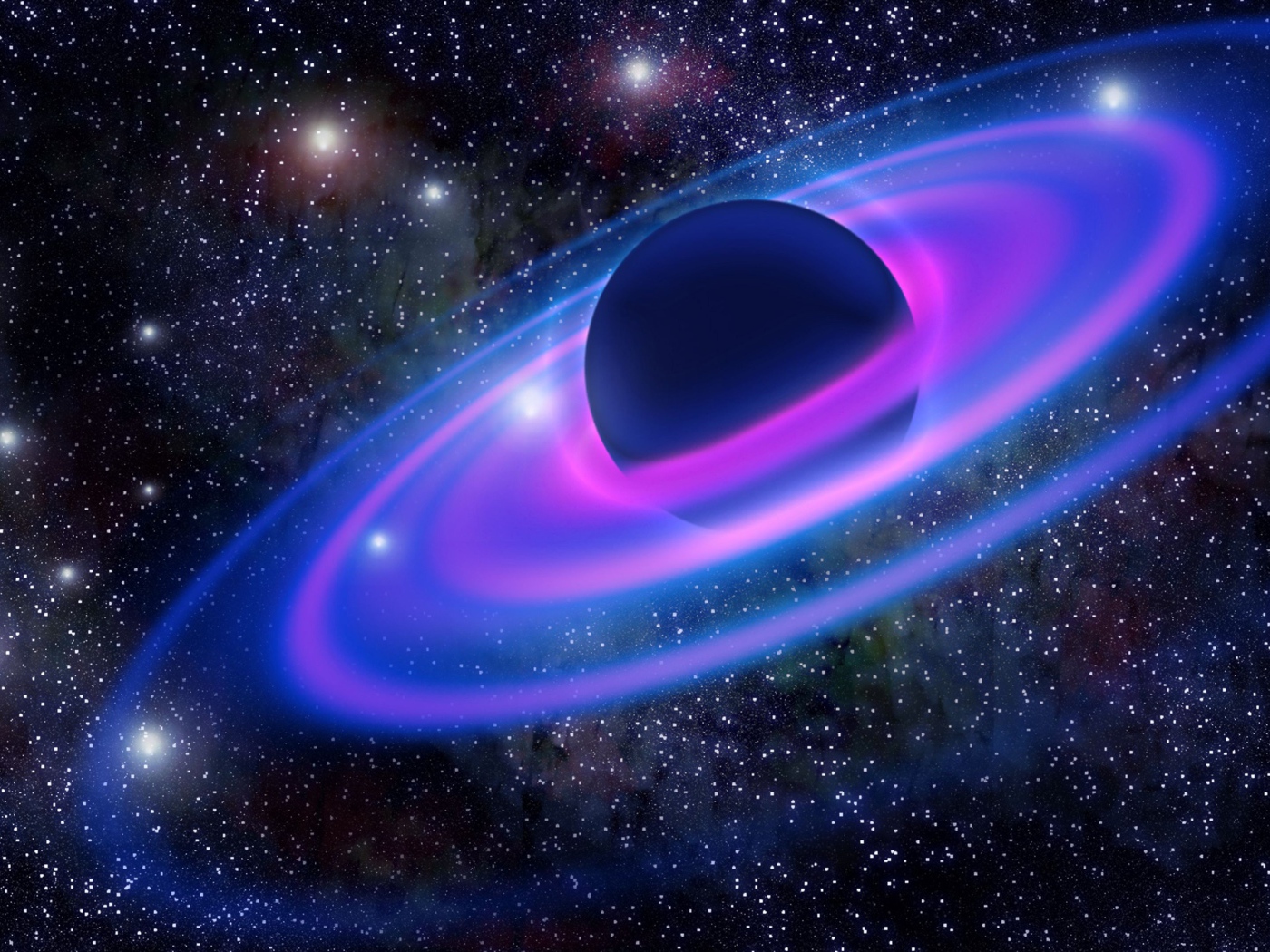 Большая планета с неоновыми кольцами в звездном небе 