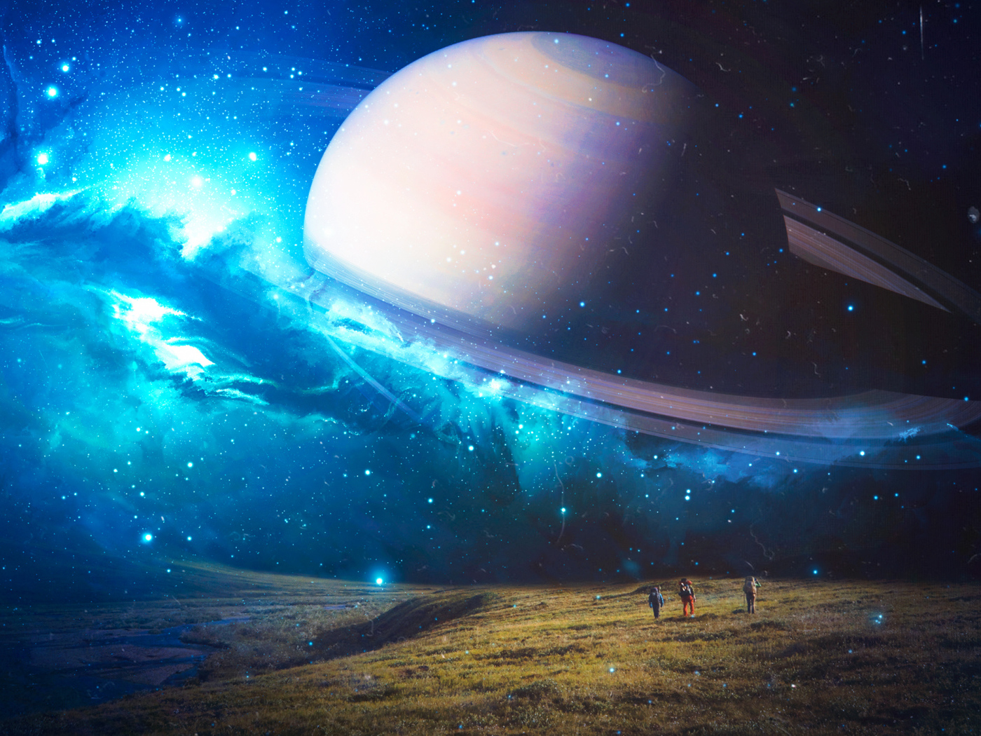Saturn big planet in neon sky above the earth