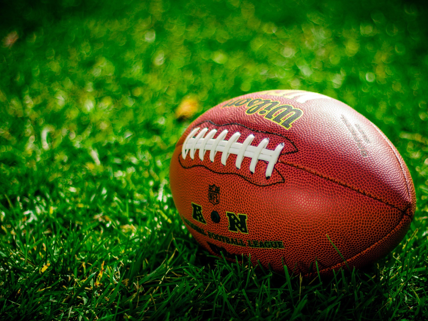 Мяч для американского футбола лежит на зеленой траве 