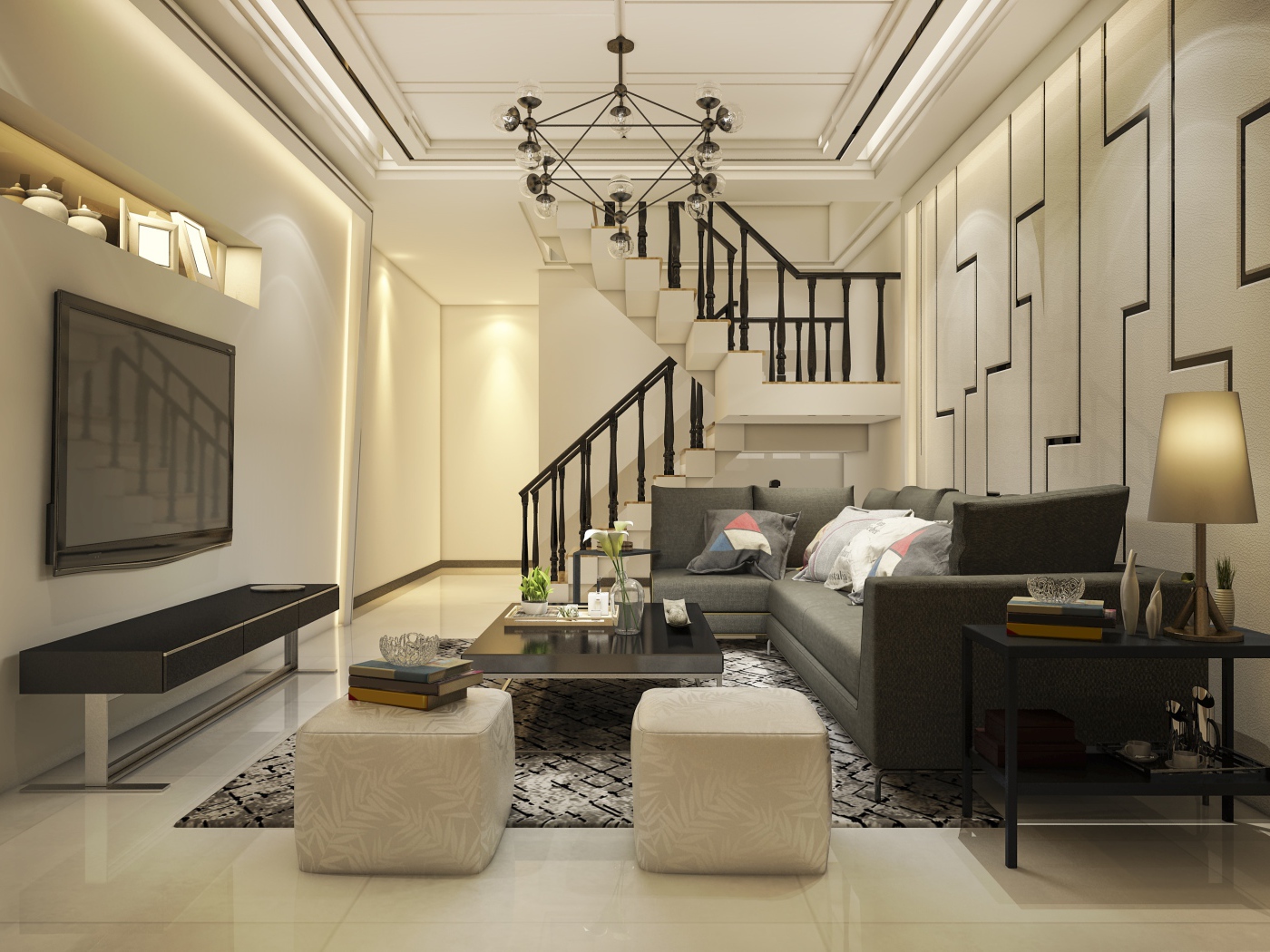 Красивая гостиная комната с большим телевизором и лестницей 