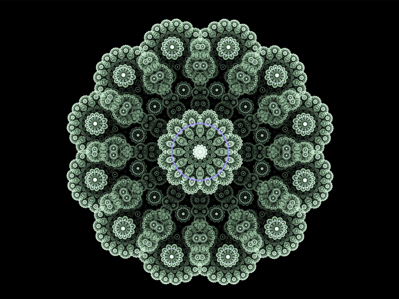 Кружевной зеленый фрактальный цветок на черном фоне