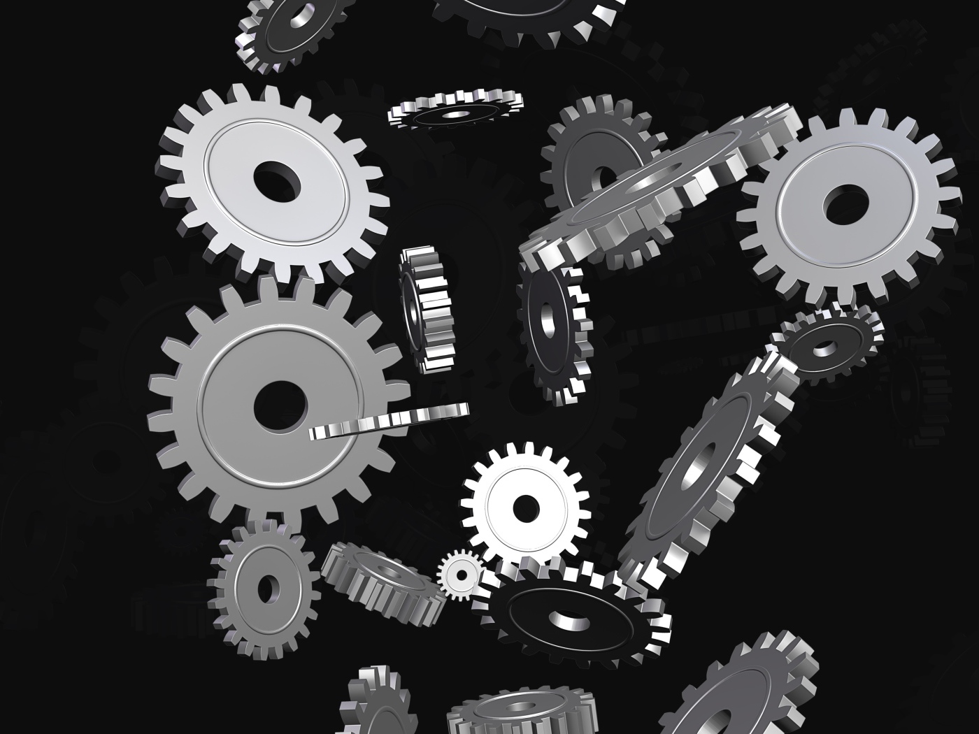 Металлические шестеренки в воздухе на черном фоне