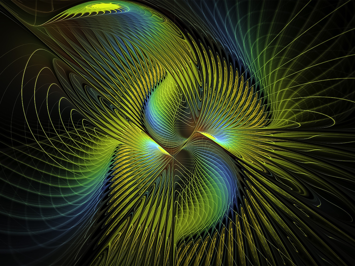 Переливающийся волнистый фрактальный узор на черном фоне