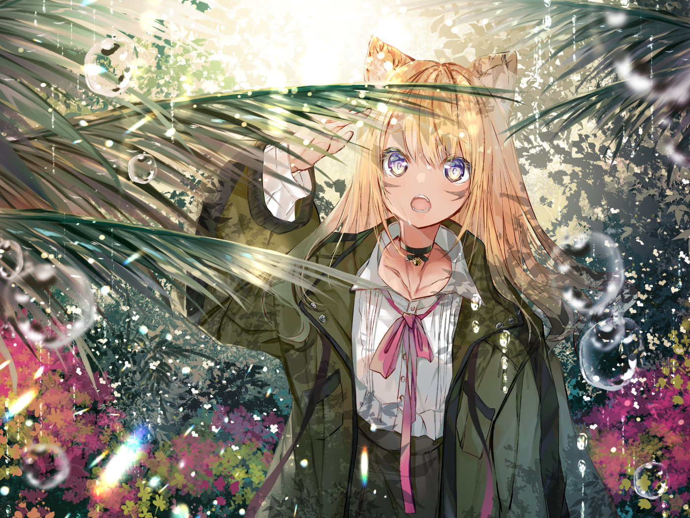 Аниме девушка в зеленых листьях папоротника