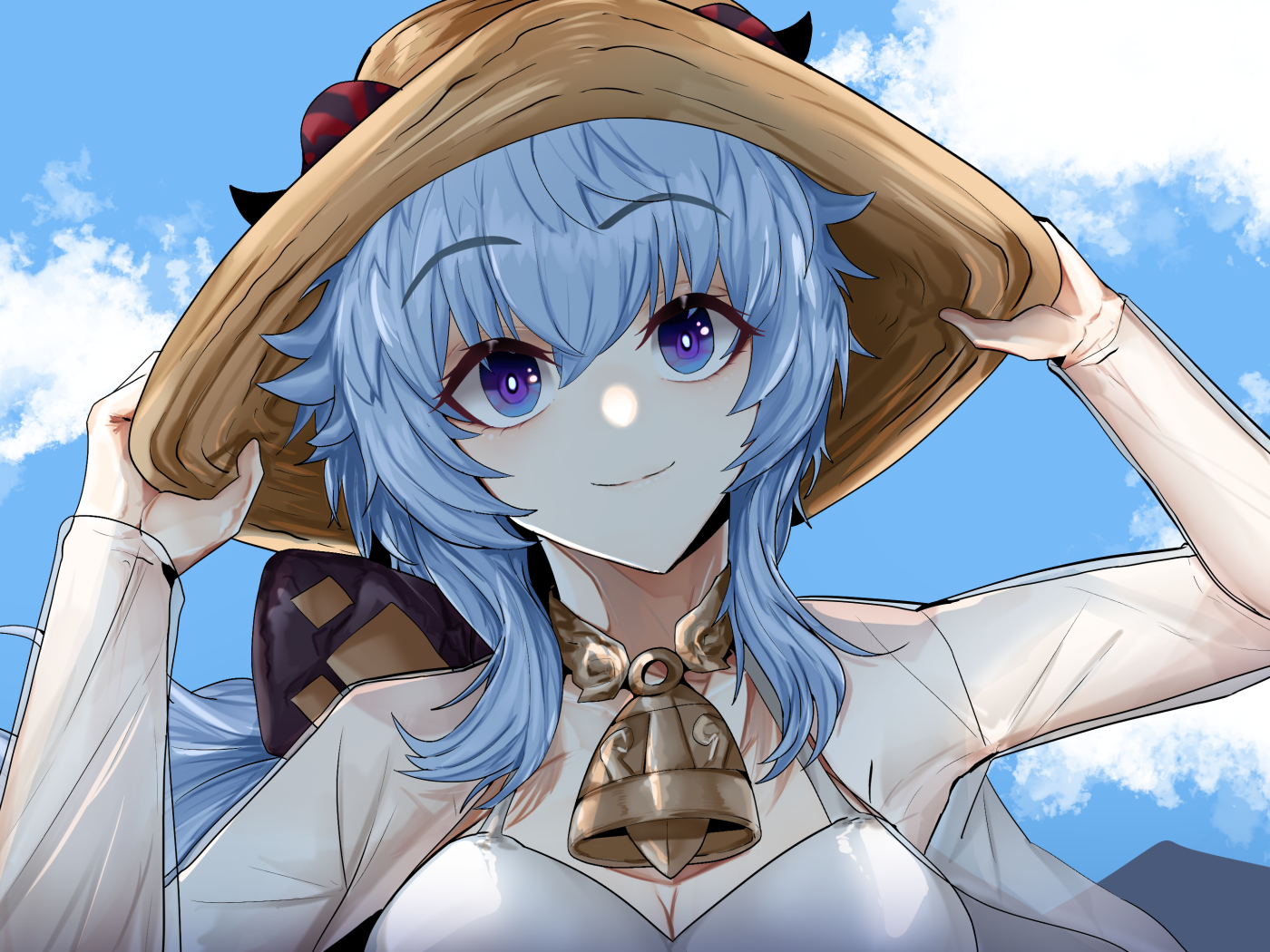 Девушка аниме с голубыми волосами в шляпе