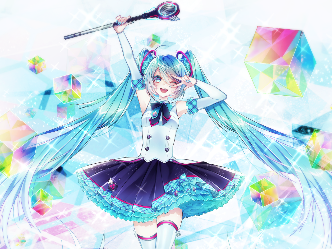 Девушка аниме с голубыми волосами с кристаллами