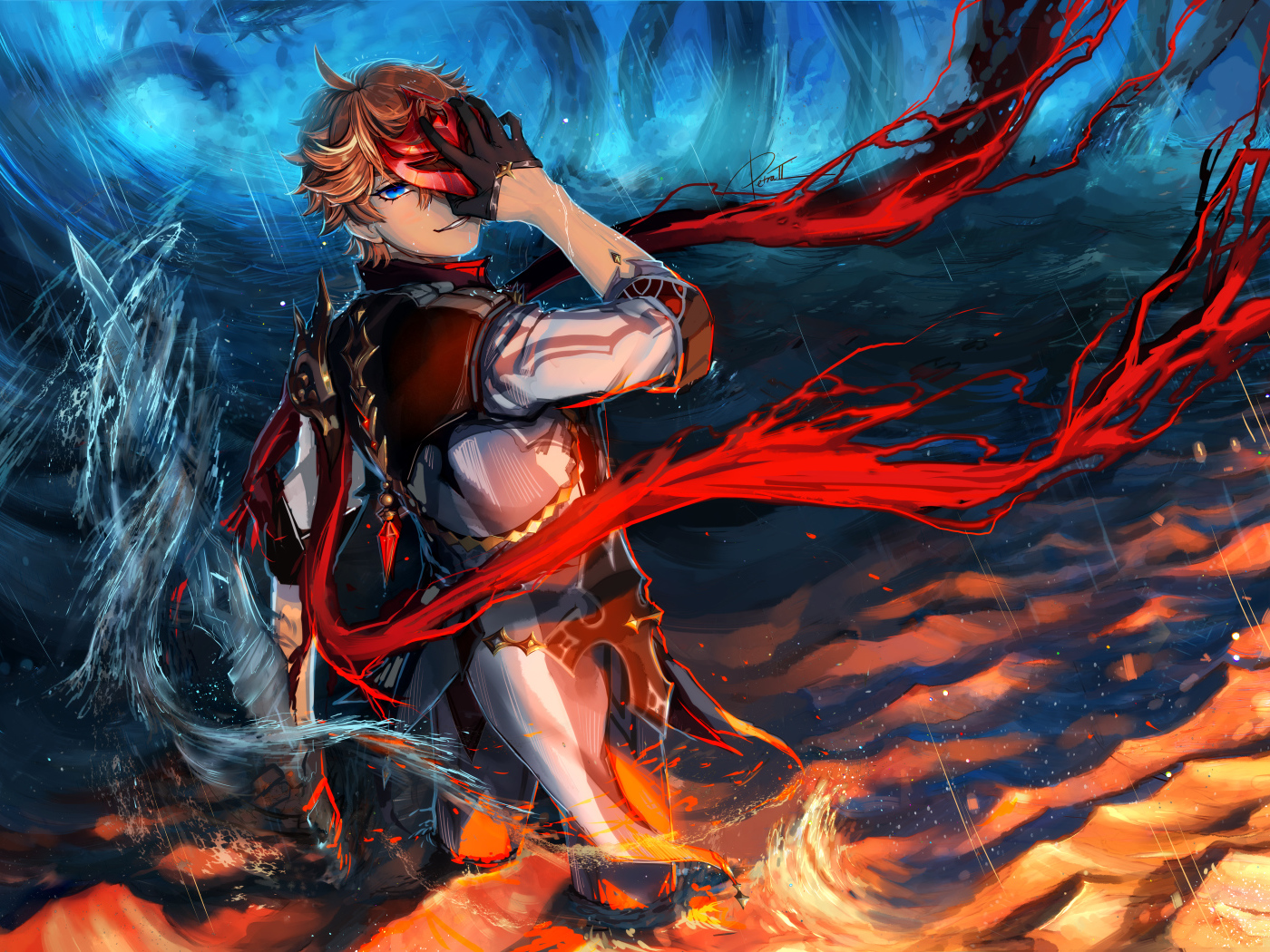 Мужчина аниме закрыл лицо рукой в воде