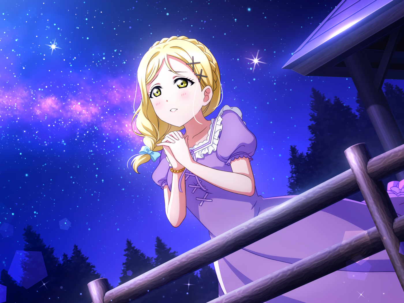 Грустная девушка аниме в фиолетовом платье 