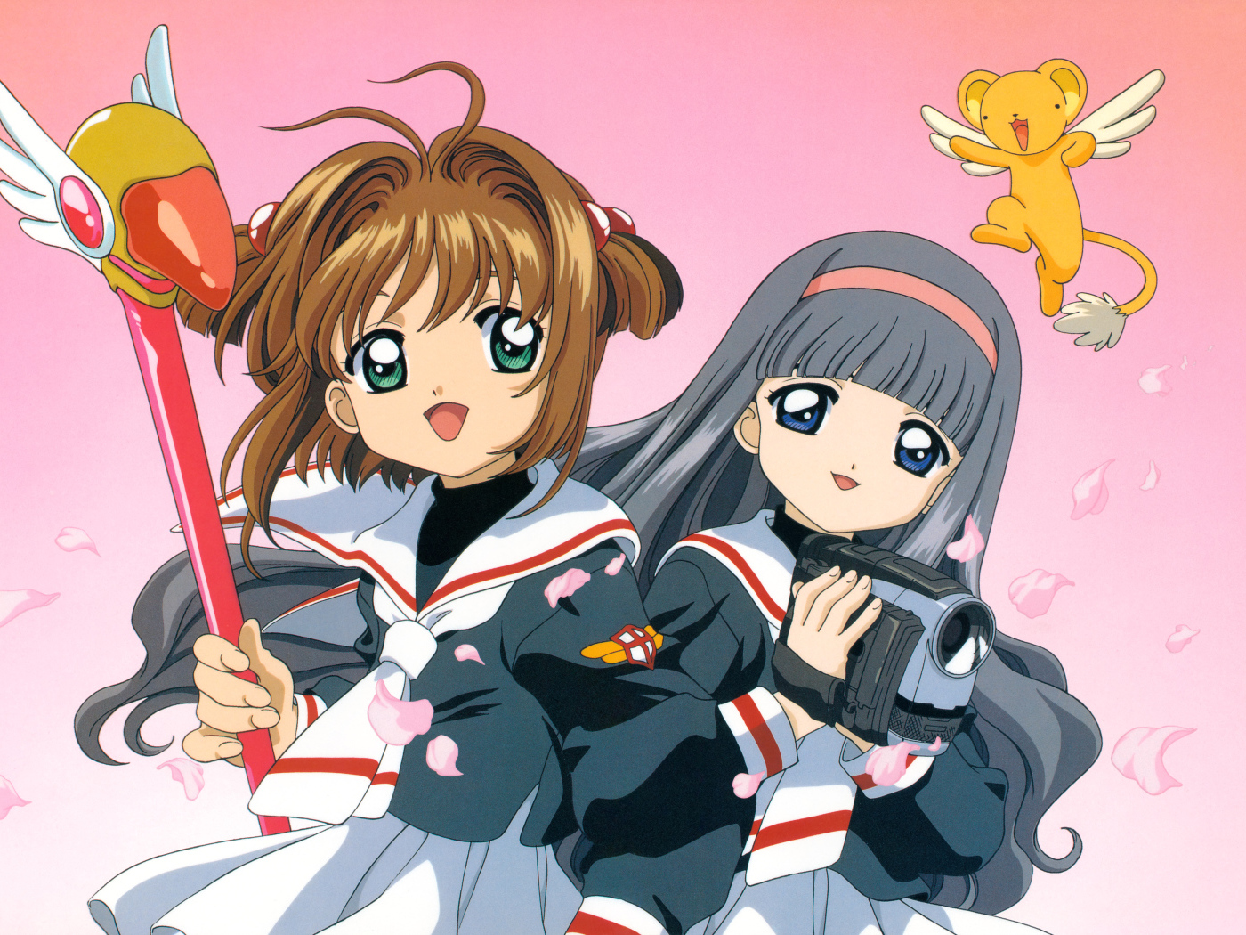 Две девушки аниме с камерой на розовом фоне