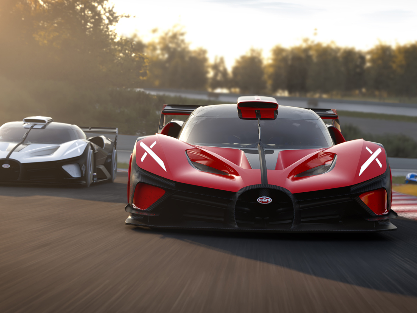 Красный Bugatti Bolide 2022  года на гоночной трассе