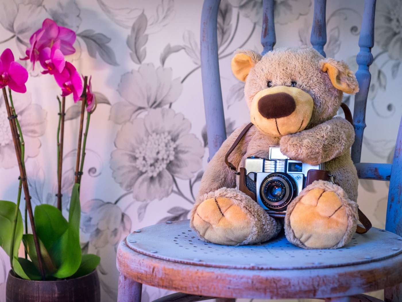 Игрушка медвежонок с фотоаппаратом на кресле