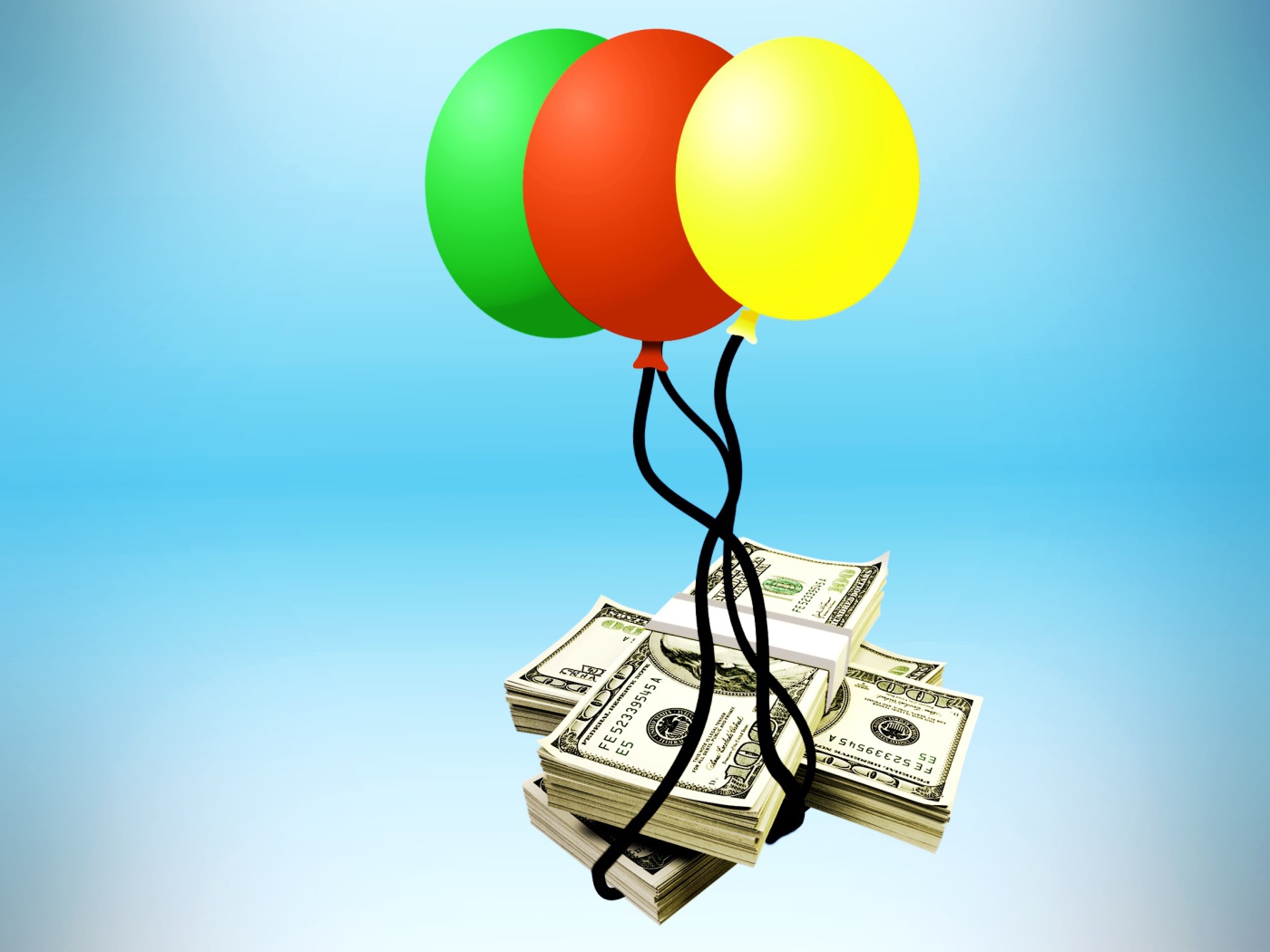 Деньги с воздушными шариками на голубом фоне 