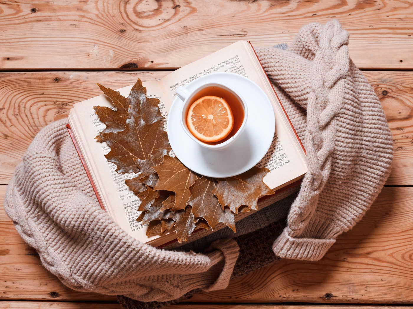 Чашка чая с лимоном на столе с книгой и теплой кофтой