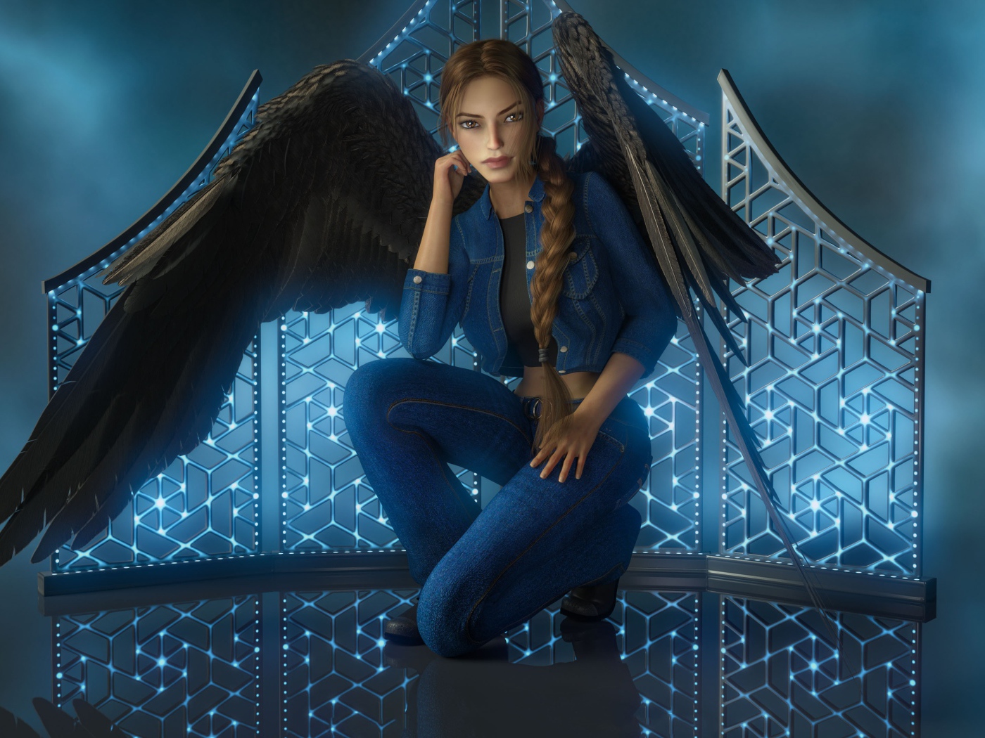 Девушка 3д с большими черными крыльями