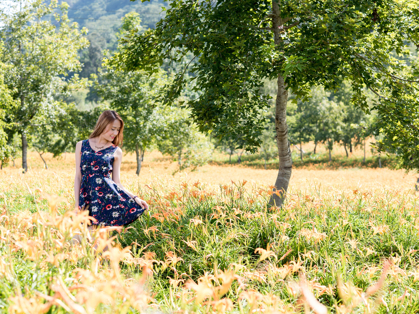 Красивая азиатка гуляет по высокой траве