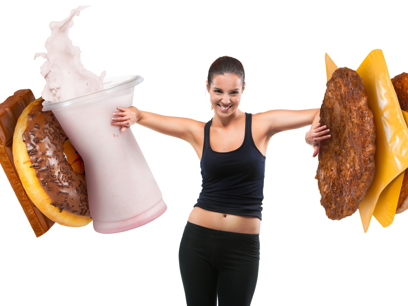 Девушка откидывает гамбургеры на белом фоне 