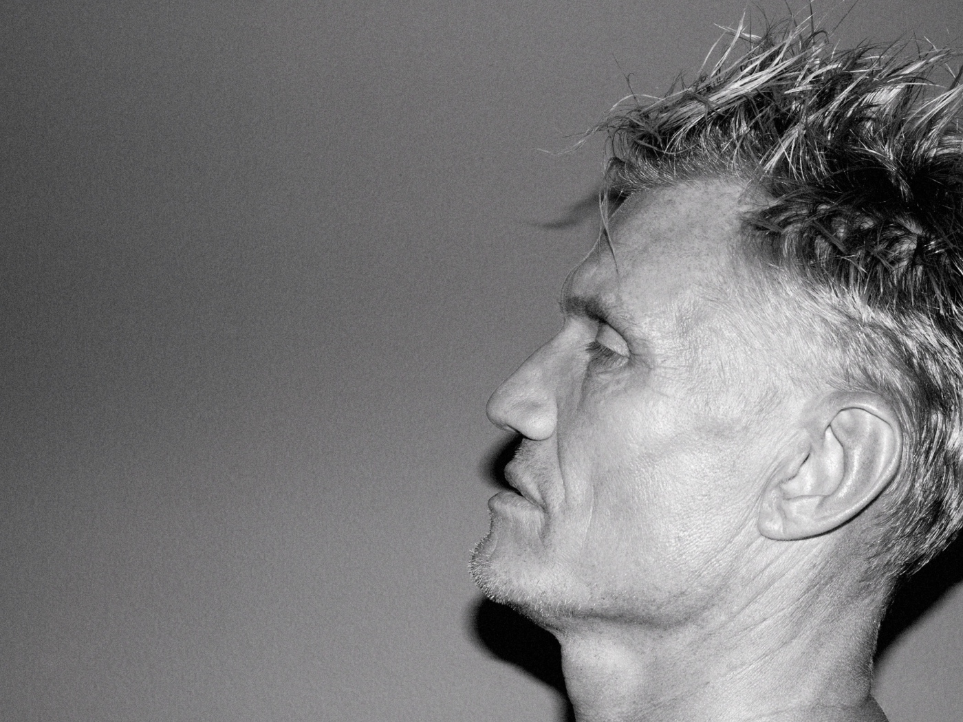 Лицо актера Дольфа Лундгрена боком на сером фоне