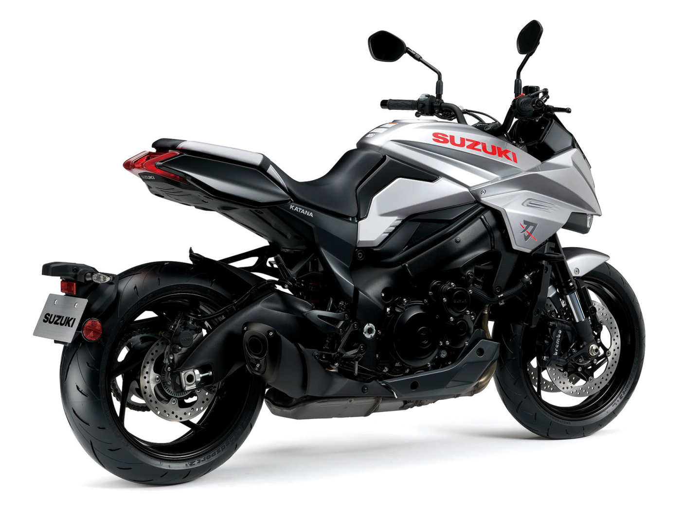 Стильный дорогой мотоцикл Suzuki Katana, 2021 на белом фоне