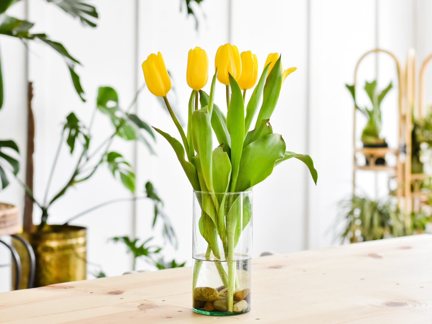 Букет желтых тюльпанов в стеклянной вазе на столе в гостиной