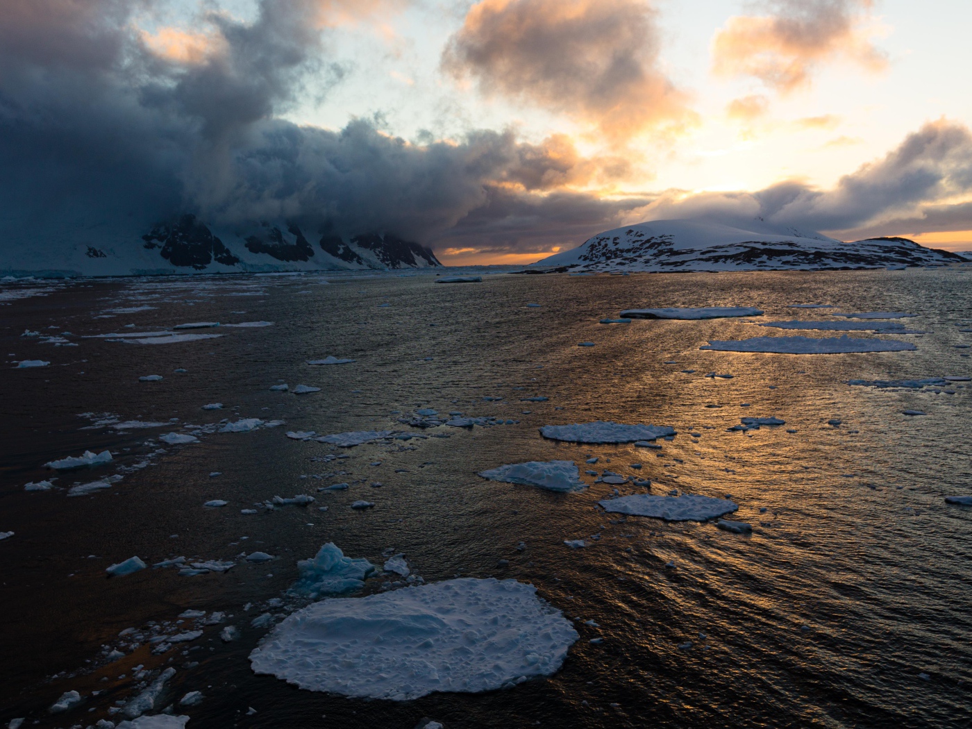 Льдины в воде у покрытых снегом гор в тумане