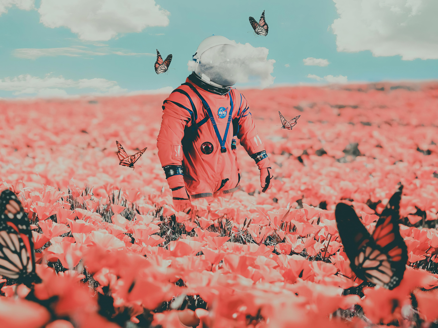 An astronaut walks across a field with butterflies and red poppies