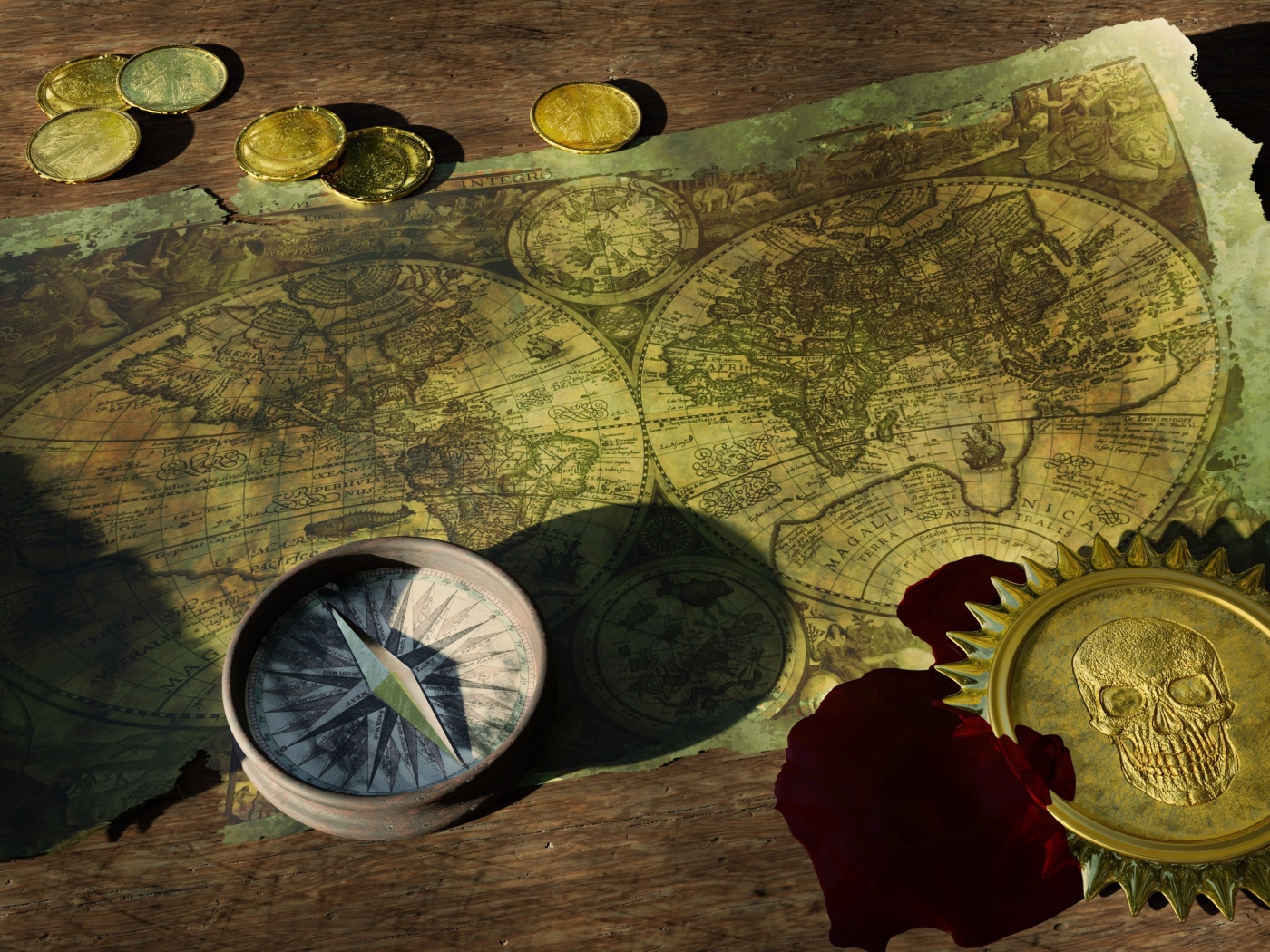 Старая карта с компасом и монетами