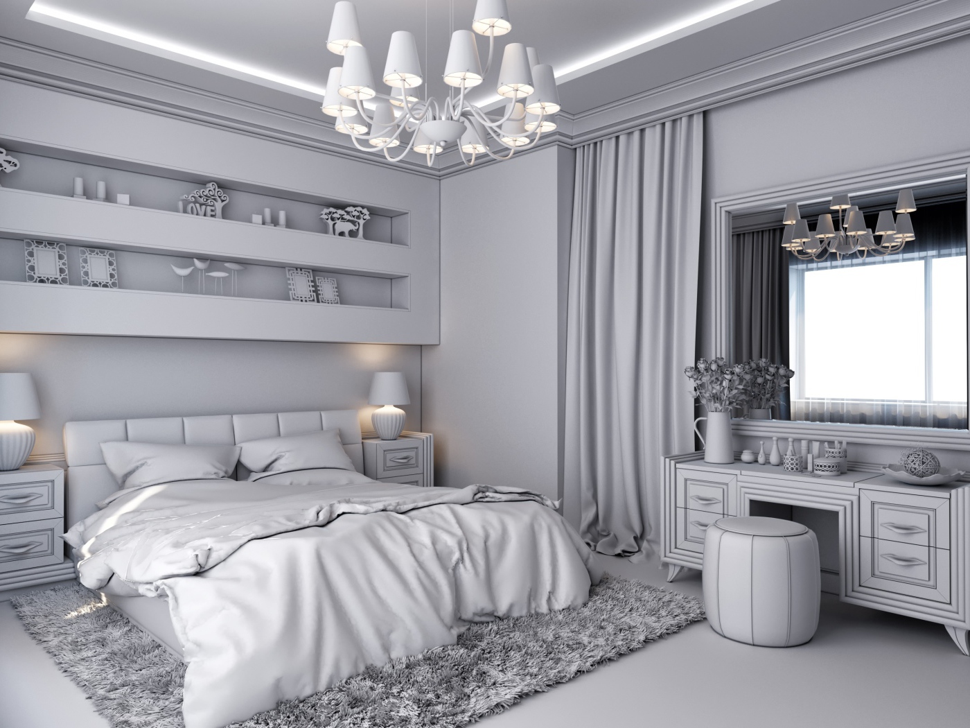 Серый интерьер спальной комнаты с большой люстрой 